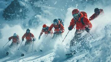 Skiers descend a snowy mountain with clear blue skies overhead. Colorful jackets create a dynamic contrast against the white snow as they expertly carve their paths downhill. photo