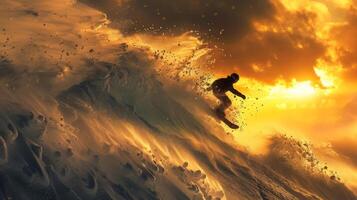 A lone surfer skillfully navigates a large wave as the sun sets, casting vibrant golden light across the ocean, creating a breathtaking coastal view. photo