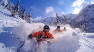 Three skiers are capturing the thrill of fresh powder as they carve through deep snow, surrounded by majestic mountains and a clear sunny sky. photo