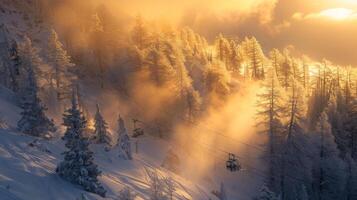 Golden sunlight breaks through the clouds, casting a warm glow on snow covered trees and ski lifts. A serene mist drifts through the valley, creating a magical winter atmosphere. photo