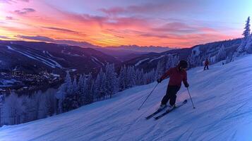 Skiers glide down a snowy trail as the sun sets, casting stunning colors across the sky in a mountainous landscape filled with evergreen trees. photo