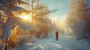 Early winter morning features skiers navigating a snow covered trail in a serene forest, with golden sunlight breaking through the trees and creating a dreamy atmosphere. photo