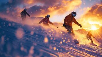 Skiers enjoy an exhilarating descent down a snowy slope as the sun sets, casting a warm glow over the stunning mountain scenery in the background. photo