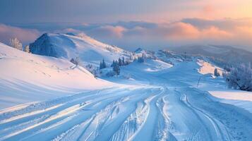 A serene winter landscape reveals fresh ski trails carved into deep snow against a backdrop of distant mountains and a beautiful sunset with soft clouds, creating a tranquil atmosphere. photo