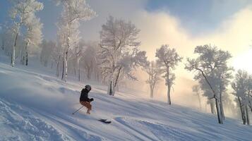 Frost covered trees stand tall as a skier carves through untouched powder snow, showcasing skill and grace against a backdrop of a bright, cloudy sky. photo