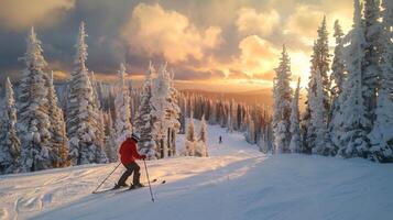 A skier glides down a snow covered slope surrounded by tall pine trees as the sun sets in a vibrant display of colors. The sky is painted with hues of orange and purple, creating a serene atmosphere. photo