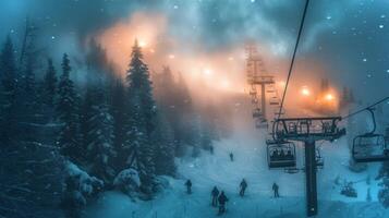 Skiers navigate through fresh powder as twilight approaches at a ski resort, surrounded by tall pine trees and illuminated by glowing lift lights in a winter wonderland. photo