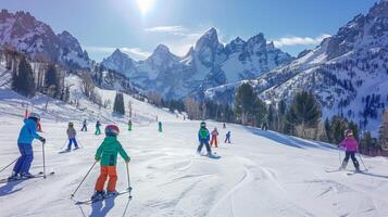 Groups of skiers enjoy a day on the slopes, surrounded by stunning mountain views and clear skies, creating a lively atmosphere in the winter wonderland photo