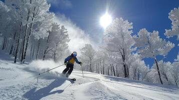 A skier expertly navigates through untouched snow, kicking up powder against a backdrop of frost covered trees and a clear blue sky illuminated by the sun. photo