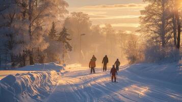 Families glide along a snow covered trail, surrounded by frosted trees, as the sun sets, casting a warm glow on the winter evening atmosphere. photo