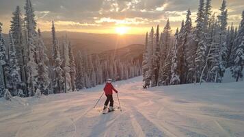 A skier gracefully navigates down a snowy slope surrounded by towering pine trees at dusk, with a breathtaking sunset painting the sky in warm colors. photo
