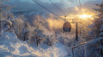 A ski lift climbs through a winter wonderland filled with fresh snow, surrounded by frosted trees and illuminated by the warm glow of a sunrise in a mountain area. photo