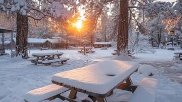 A tranquil winter sunset illuminates a snow covered picnic area surrounded by tall trees, creating a peaceful ambiance in the forest. photo