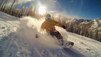 A snowboarder skillfully navigates a snowy slope, spraying powder in the air while enjoying the clear sky and bright sun in a picturesque mountain setting. photo