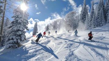 Groups of skiers glide down snowy slopes under a clear sky, surrounded by tall pine trees and bright sunshine, creating a lively winter atmosphere on the mountain. photo