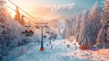Crowds of skiers navigate the snowy trails at a mountain resort while ski lifts transport riders, surrounded by towering pine trees and scenic peaks bathed in warm sunlight. photo