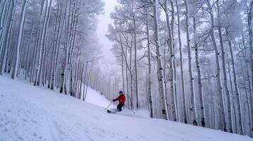 A skier navigates down a snowy slope surrounded by tall, white aspen trees. The landscape is shrouded in mist, creating a tranquil ambiance on a winter day. photo