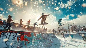 Enthusiastic snowboarders showcase their skills in a lively park environment, surrounded by a cheering crowd, under a clear blue sky with sunlight glistening on the snow. photo