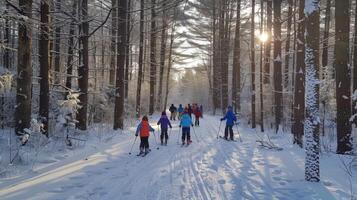 Groups of skiers glide along a snow covered path in a serene forest, surrounded by towering trees under the soft glow of a winter afternoon sun. photo