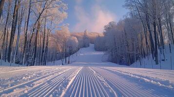 Freshly groomed ski trails create smooth lines on a pristine slope surrounded by frosty trees. The early morning light casts a soft glow on the winter landscape. photo