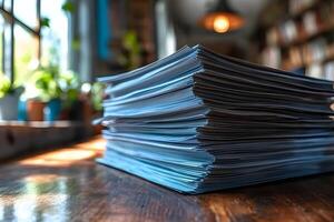 Stack of Documents on Wooden Desk in Rustic Library Setting for Study or Office Use photo