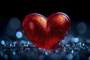 Glittering Red Heart with Blue Bokeh for Valentine's Day and Romantic Designs photo