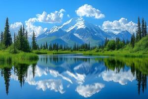 Stunning Mountain Reflection in Pristine Alpine Lake Under Clear Blue Sky photo