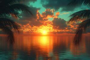 Tropical Sunset Over Ocean with Vibrant Sky and Palm Trees for Relaxation and Nature photo