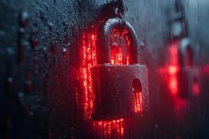 Cybersecurity Concept Lock Against Digital Data with Red Light in Rain Effect photo