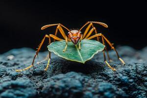Macro View of Ant Carrying Leaf Nature's Strength and Determination photo