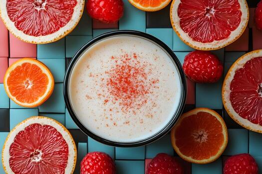 Fresh Citrus Yogurt with Raspberry Garnish on Geometric Background for Culinary Design photo