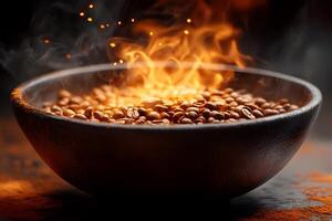 Fiery Coffee Beans in Bowl Roasting Process and Aromatic Experience photo