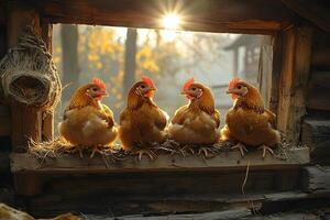 Four Chickens In Rustic Barn Window with Sunlight and Autumn Foliage photo