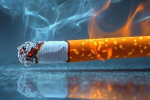 Close-Up of Burning Cigarette with Smoke and Ash Embers for Anti-Smoking Campaign photo