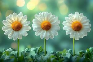 Three Daisies in Bloom Against a Soft Green Bokeh Background - Nature Concept for Spring Designs photo
