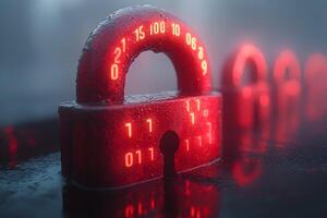 Cybersecurity Encryption Concept with Red Digital Lock in Foggy Atmosphere photo