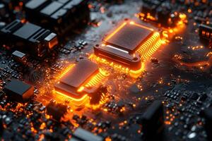 Futuristic Circuit Board with Glowing Microchips for Technology Design and Innovation photo