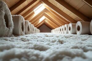 Cozy Attic Storage with Soft Insulation and Light Beams Ideal for Home Design Concept photo