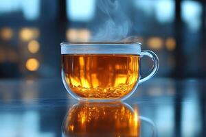Steaming Hot Tea in Glass Cup with Cityscape Background for Relaxation and Aromatherapy photo