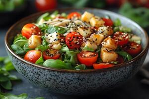 Fresh and Flavorful Tofu Salad with Cherry Tomatoes and Sesame Seeds for Healthy Living photo