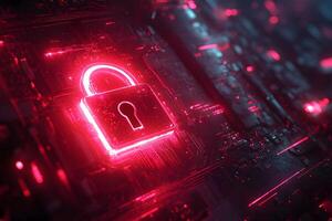 Cybersecurity Concept Neon Red Lock on Digital Circuit Board for Data Protection Design photo