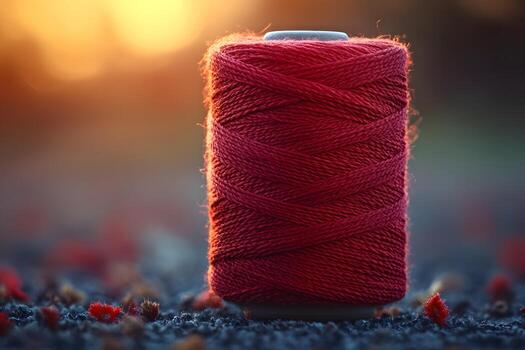 Vibrant Red Thread Spool in Soft Focus at Sunset for Artistic Craft and Sewing Projects photo