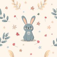 seamless pattern with cute blue easter bunny is sitting on beige background with colorful flowers. flat seamless pattern vector