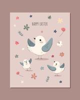 Three cute easter chicks flapping their wings on a pink background with colorful flowers. Easter illustration in flat style with three cute birds vector