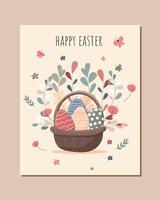 isolated cute easter basket with colorful eggs decorated with flowers on light background. illustration in flat style with easter eggs vector