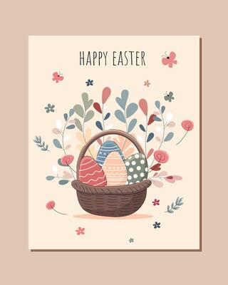 isolated cute easter basket with colorful eggs decorated with flowers on light background. illustration in flat style with easter eggs