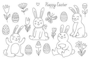 Spring set with cute funny little bunnies, butterfly and Easter eggs. Happy Easter hand drawn lettering, doodle style, black outline, ideal for coloring book vector