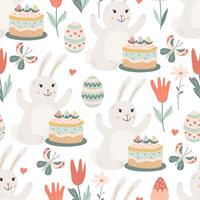 Seamless pattern with cute bunnies with easter cakes, eggs and flowers on white background. Illustration in hand drawn flat style, pastel colors for wrapping paper, festive textile vector