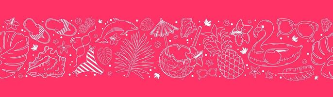 Horizontal summer pattern with shells, pineapples and tropical plants. Seamless ornamentation in contour lines. vector