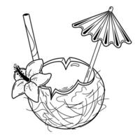 A coconut drink with a straw and umbrella coloring page vector